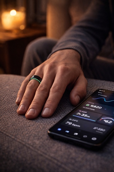 A high-contrast, intimate shot of a smart health ring worn on a hand next to a smartphone displaying health metrics.